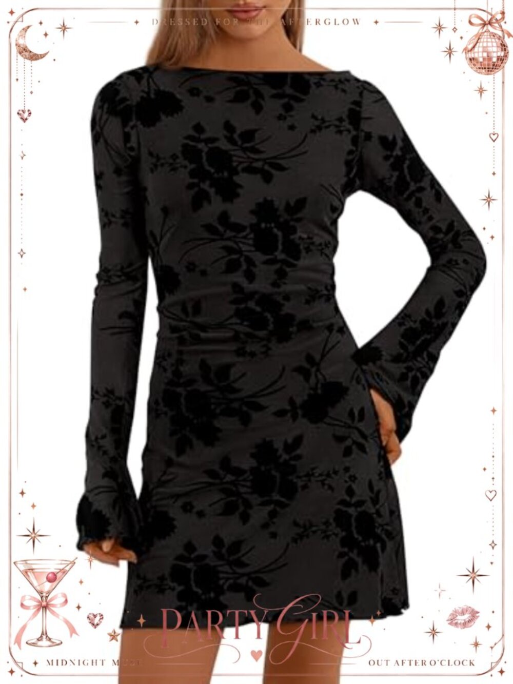 Women's Floral Mesh Bodycon Mini Dress Long Sleeve Boat Neck Party